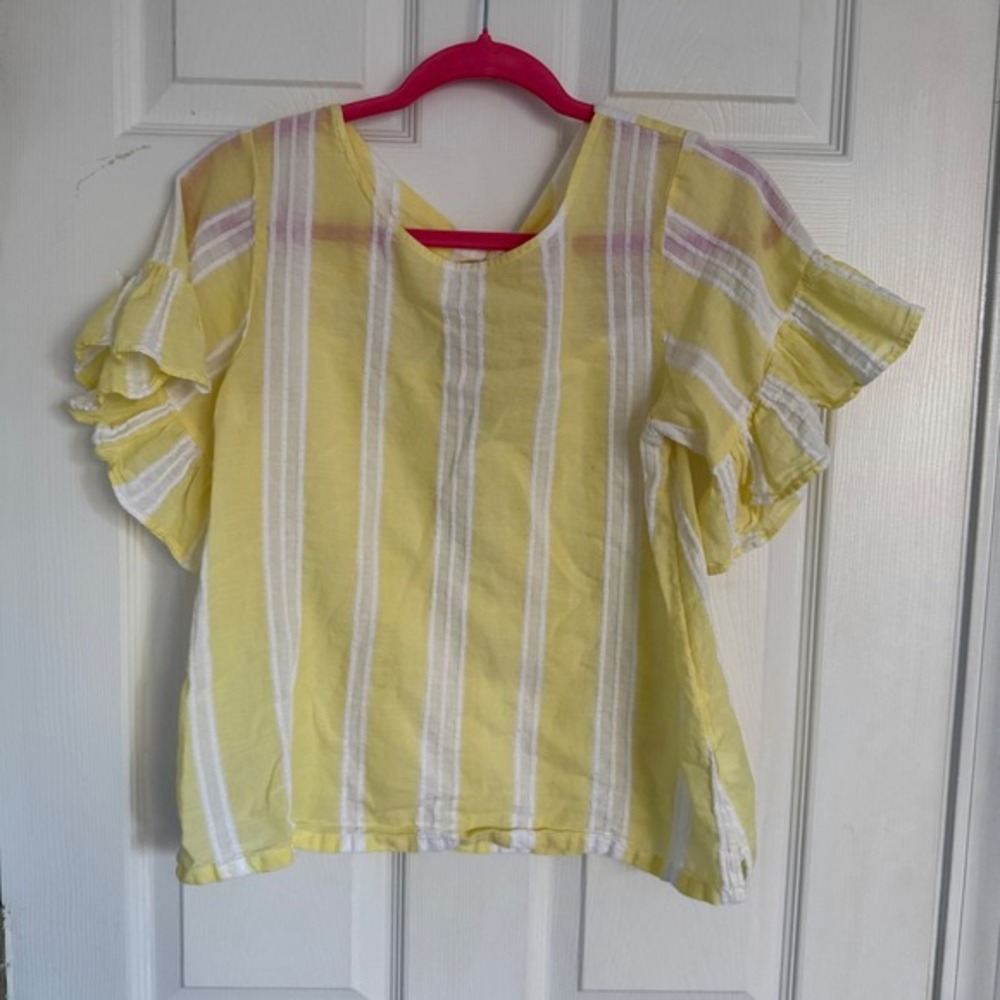 BP Yellow White Striped Ruffle Sleeve Tie Back Cutout Cotton‎ Blouse XS